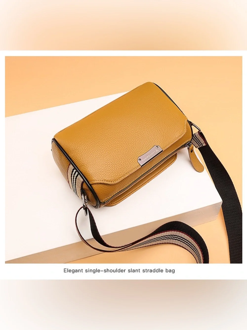 Genuine Leather Mustard Crossbody Bag with Striped Detachable Strap